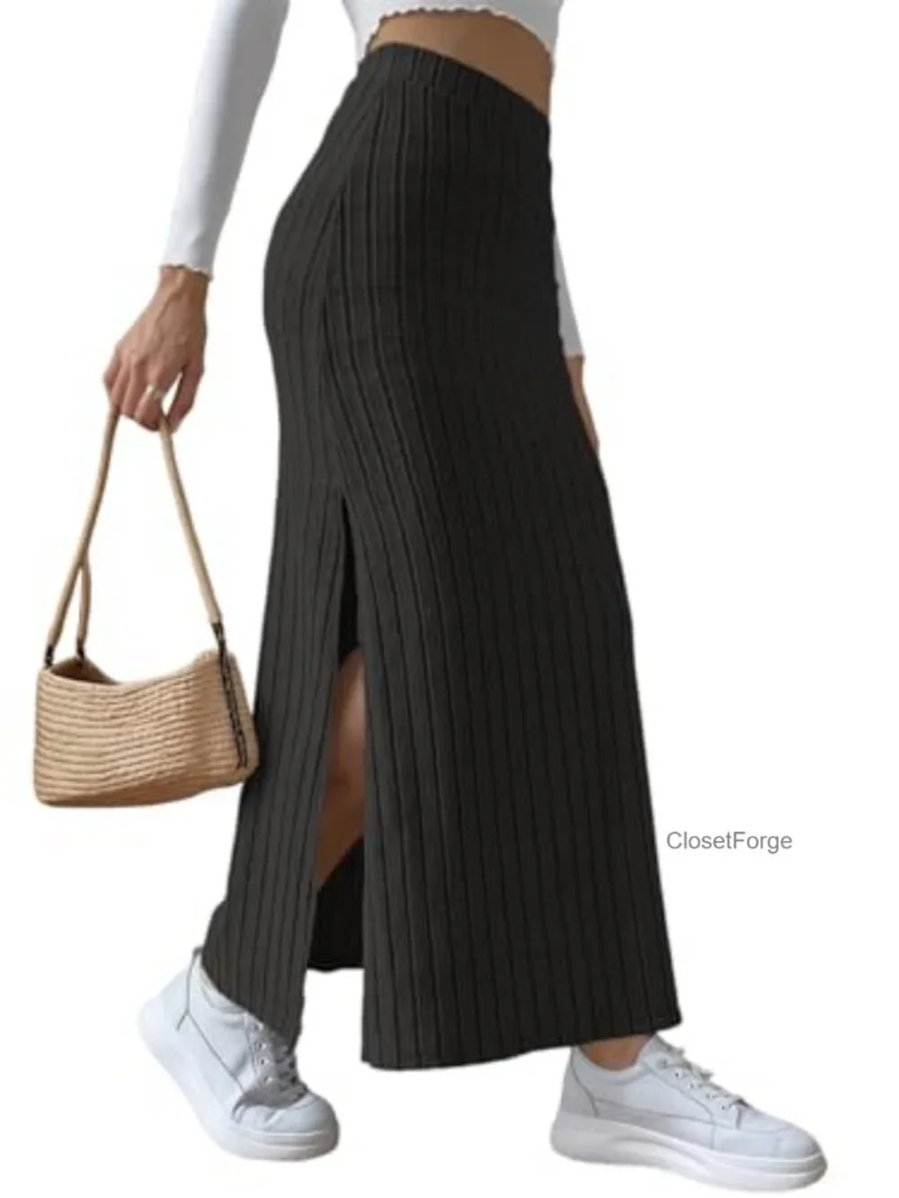 Ribbed Knit Maxi Skirt High Waisted Pencil with Side Slit Bodycon Long Straight